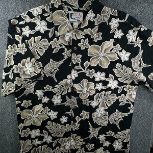 Bluewater Wear Hawaiian Shirt Large Swordfish Floral Short Sleeve Black Beige